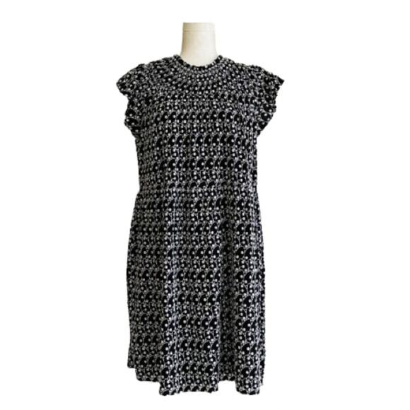 Loft Dress Black White Eyelet Embroidered Smocked Yoke Ruffle Sleeve Size LP NEW - Picture 1 of 14
